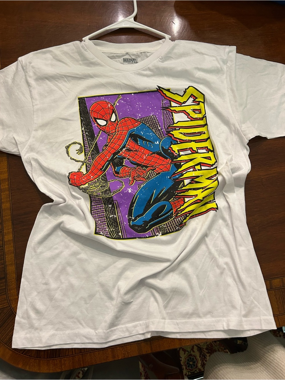 Marvel White Spider-Man Comic Panel Tee with Purple & Yellow Accents